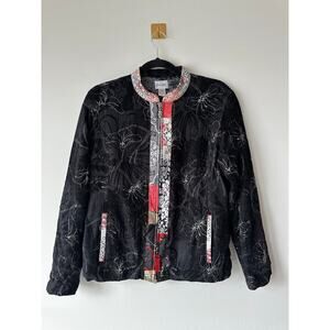 Vintage Embroidered Silk Linen Jacket Black Floral Tapestry Zip Front Artsy Sz M